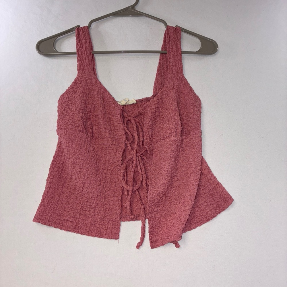597 Cottagecore See You Monday Tie Front Tank Top Medium Pink Popcorn Texture
